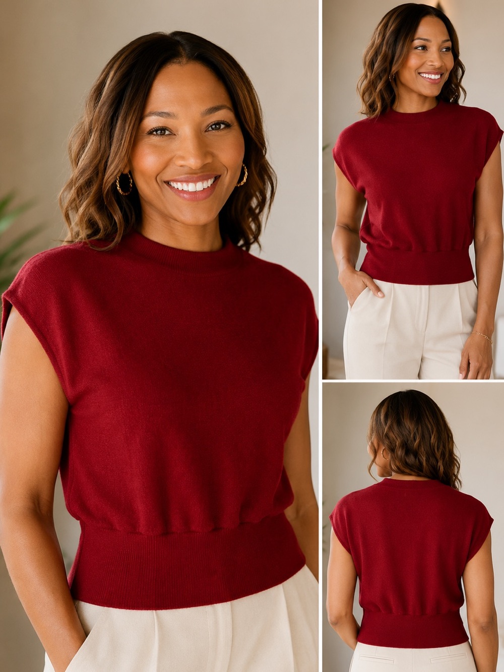 Anthropologie Women 100% Cashmere High Crop Neck Cap Sleeves Ribbed Waist Size M